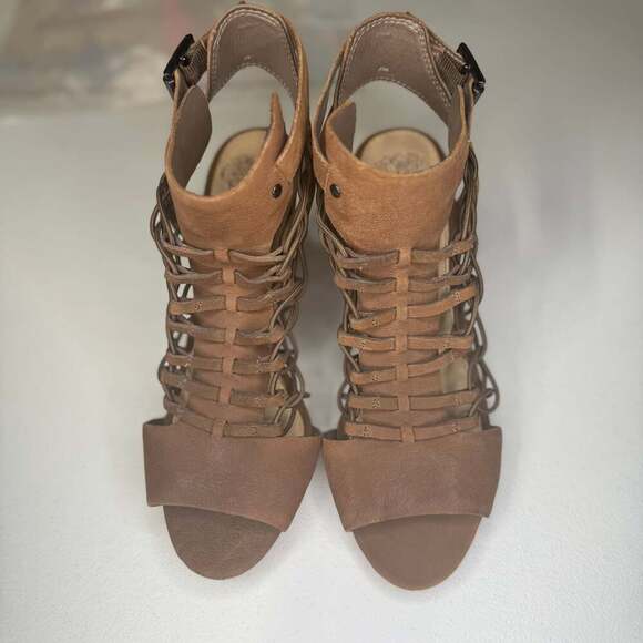 Vince Camuto Camya Leather Caged Buckle Heels Brown - Women's 7.5 - Picture 1 of 7